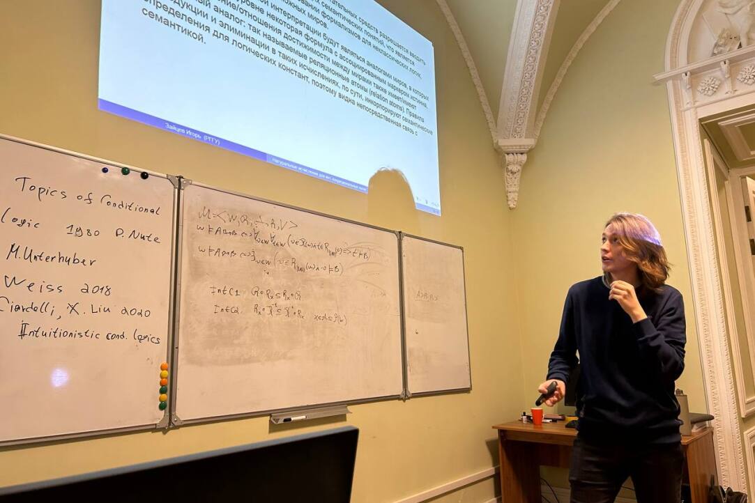 Igor Zaitsev gave a talk on the topic of &quot;Subordinated labelled natural calculus for conditional intuitionistic logics with two independent counterfactual connectives&quot;